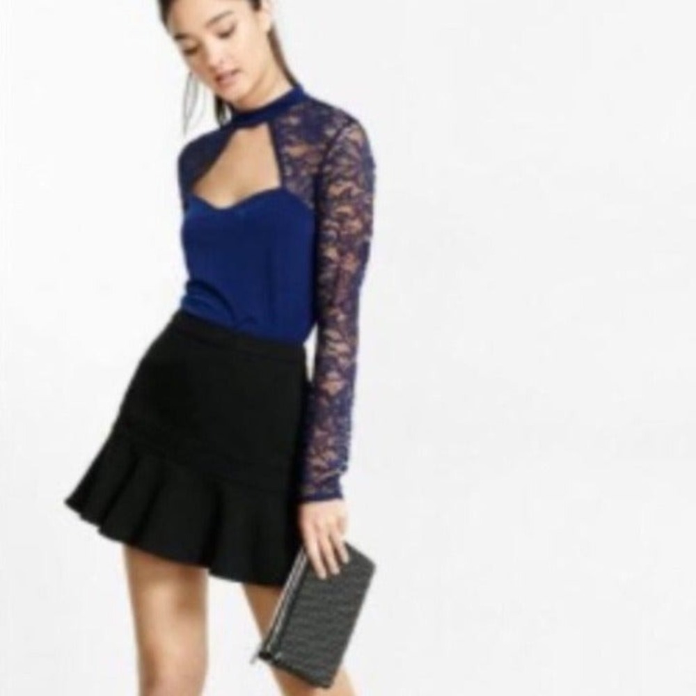 Express Lace Blue Shirt Top Blouse Black Sz XSmall